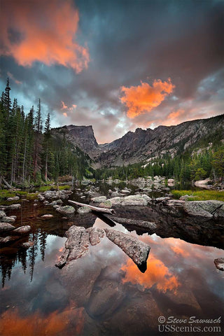 Sunset looking at Hallett Peak over Dream Lake in Rocky Mountain National Park near Estes Park, Colorado