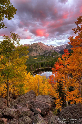Sunset over Bear Lake in Rocky Mountain National Park near Estes Park, Colorado